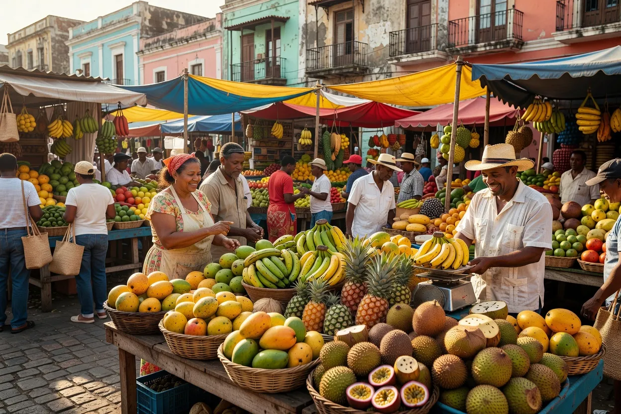 Couple souriant dans les rues colorées de Saint-Domingue