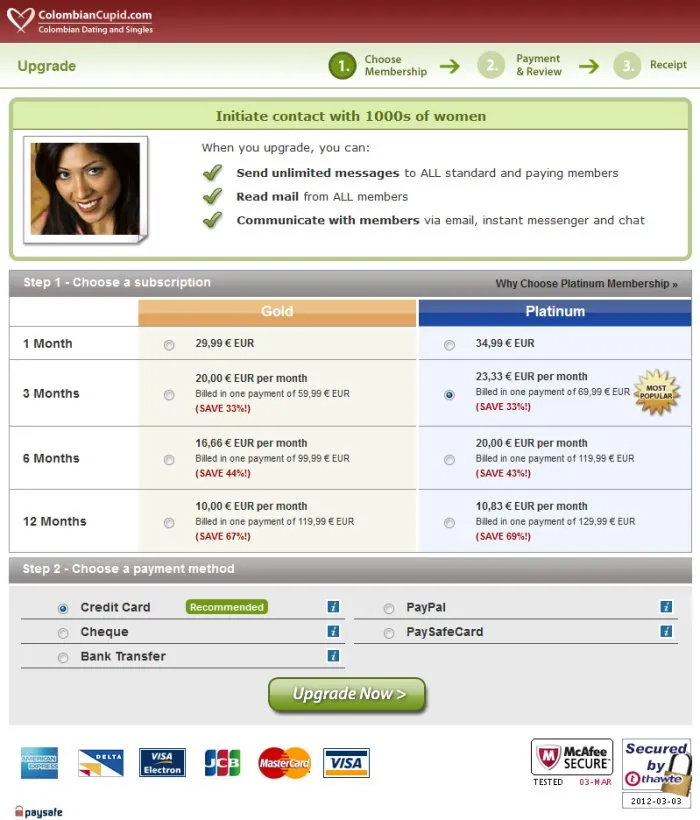 Tarifs et abonnements ColombianCupid