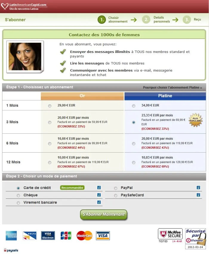 Tarifs et abonnements LatinAmericanCupid